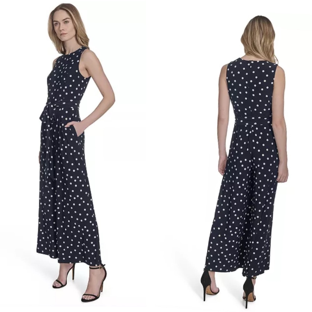 Tommy Hilfiger Tie Waist Sleeveless BlackPolka Dot Crop Leg Jumpsuit